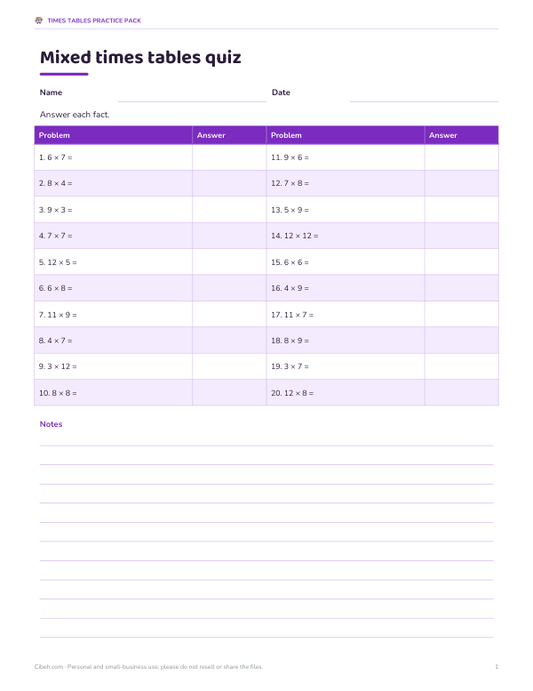 Preview of Printable Mixed Times Tables Quiz